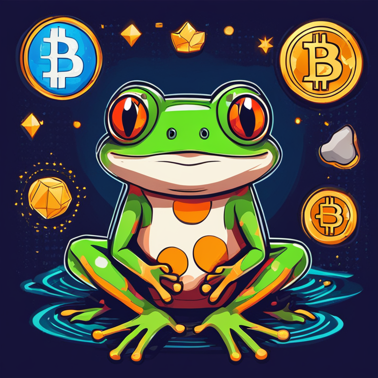 hand-drawn digital illustration of a friendly frog mascot with cryptocurrency symbols, Artstation HQ, digital art, community vibe, vibrant and playful colors, connected world concept, trendy and abstract magazine style