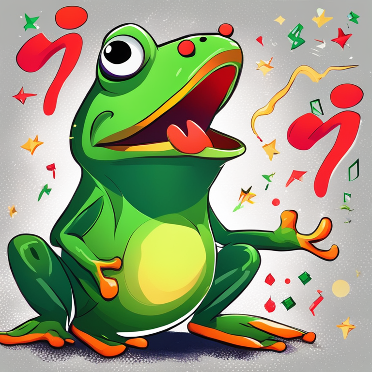 hand-drawn digital illustration of a frog cartoon celebrating with crypto symbols, Artstation HQ, digital art, vibrant and lively, abstract community celebration, modern magazine vibe