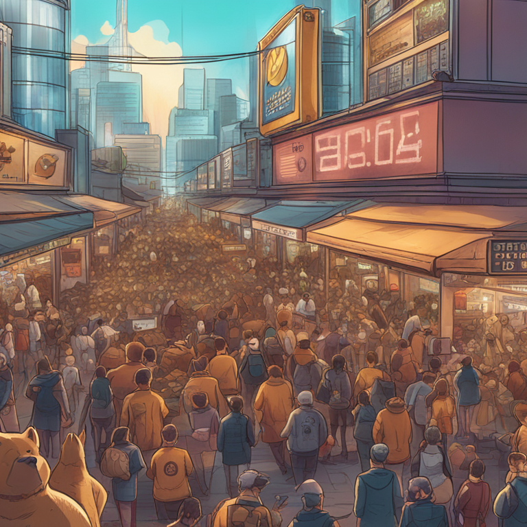 A detailed hand-drawn digital illustration of a bustling crypto market scene, featuring Dogecoin and Shiba Inu as main characters, Artstation HQ, digital art