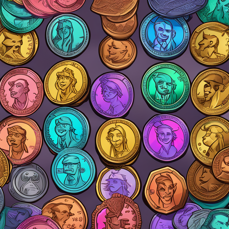 hand-drawn digital illustration of different meme coins with vibrant colors, digital art, Artstation HQ, high-resolution, trending on Artstation, humorous, and catchy style