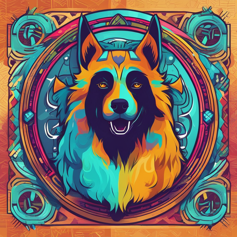 abstract digital art of Viking dog with vibrant colors, high-resolution illustration, digital art style trending on Artstation, playful and humorous, inspired by Floki meme coin