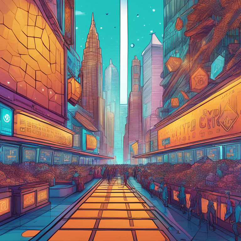 hand-drawn digital illustration of a crypto market evolution, Artstation HQ, digital art, blockchain elements, futuristic landscape, trending on Artstation, bright colors, detailed, abstract crypto symbols, dynamic motion, soft lighting