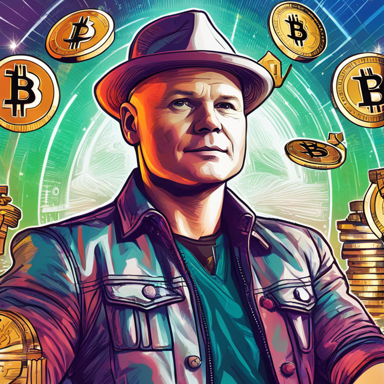 Hand-drawn digital illustration of Mike Novogratz confidently predicting the future of cryptocurrency, vibrant digital art style, trending on Artstation