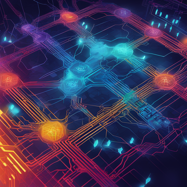 abstract illustration depicting the competition between AI and Cryptocurrency mining for energy resources, modern digital art, vibrant colors, futuristic, Artstation HQ, hand-drawn, energy networks