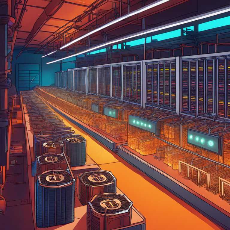 Digital illustration of Bitcoin mining farm, hand-drawn, Artstation HQ, digital art, depicting energy consumption concerns. Vibrant colors, modern design, clean lines.