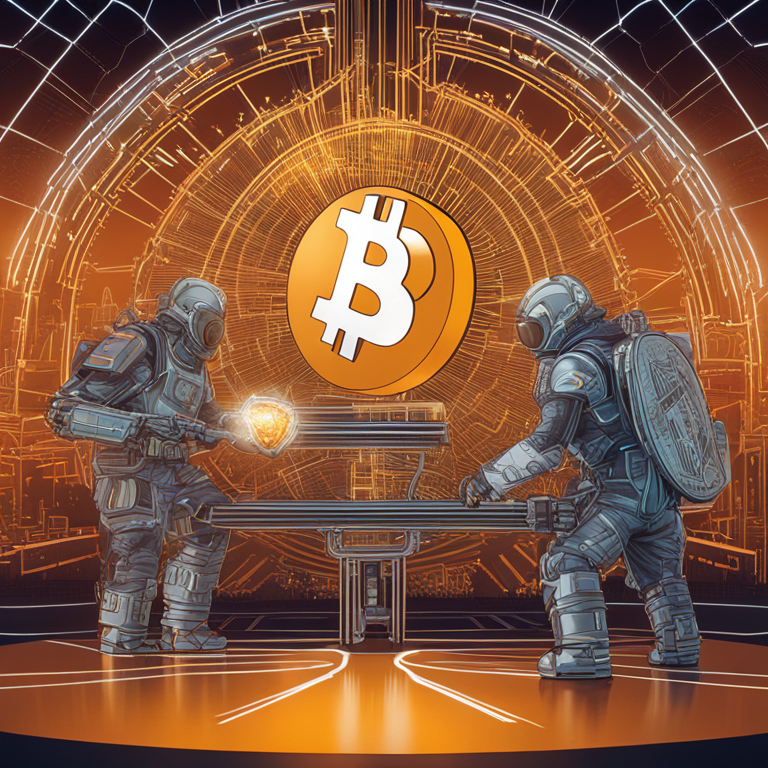 Conceptual digital illustration of Bitcoin vs. AI energy consumption, Artstation HQ, intricate details, contrasting colors, depicting competition for resources.