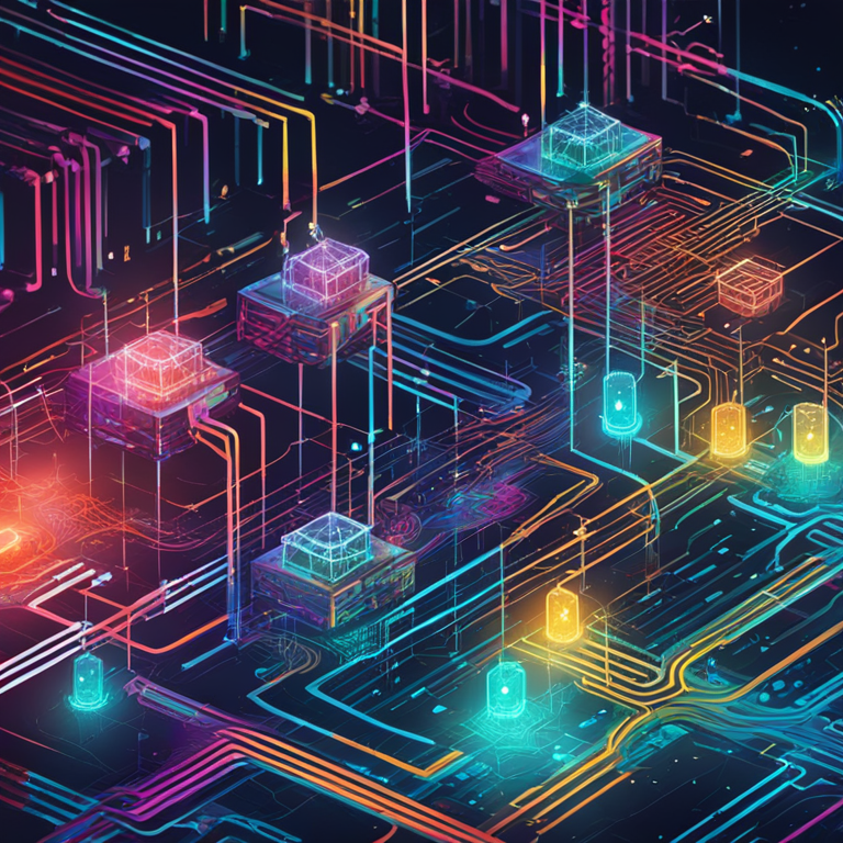 A hand-drawn digital illustration of a complex blockchain network being updated, vivid colors, Artstation HQ, digital art, highly detailed, dynamic and abstract, trending on Artstation