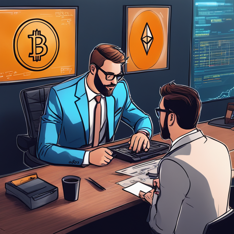 A financial advisor discussing self-custody of cryptocurrencies with a client, hand-drawn digital illustration, Artstation HQ, digital art, high detail, secure room, technical equipment