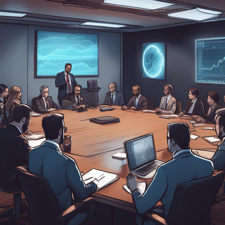 A strategic meeting discussing off-exchange crypto custody solutions, hand-drawn digital illustration, Artstation HQ, digital art, modern conference room, business professionals, high-tech security