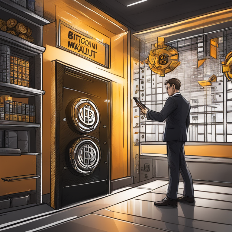 Bitcoin and financial management concept with a secure vault, hand-drawn digital illustration, Artstation HQ, digital art