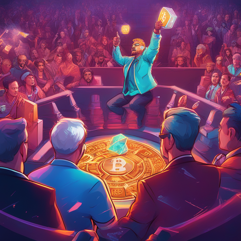 Digital illustration showing crypto community vocally opposing court verdict, mix of outrage and disbelief, detailed and vibrant digital art, Artstation HQ, colorful and dynamic composition, trendy magazine style