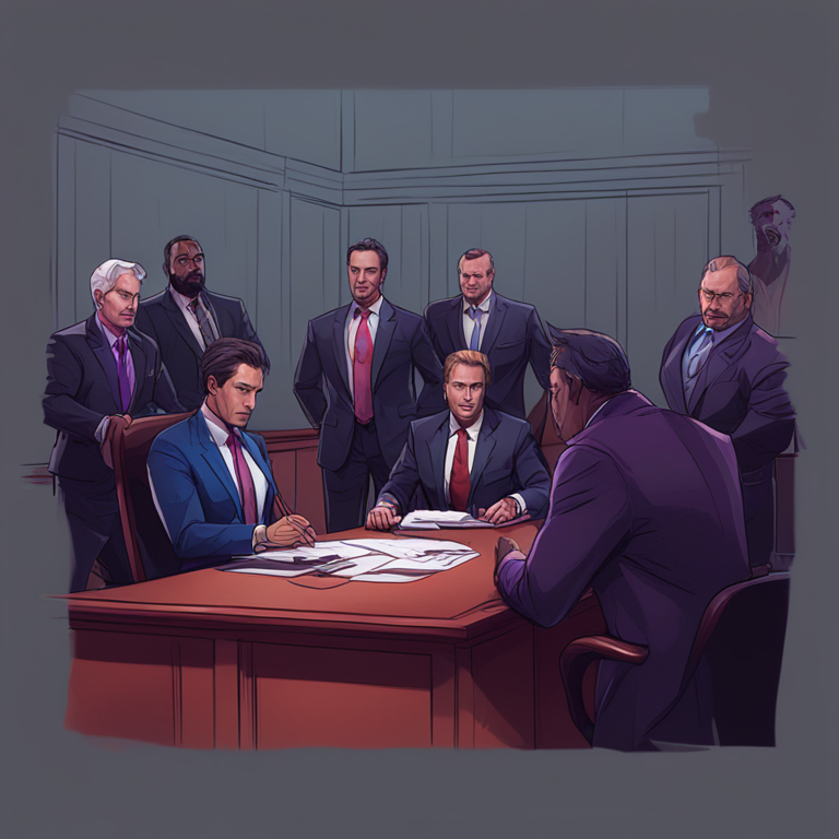 hand-drawn digital illustration, Artstation HQ, digital art, depicting a courtroom drama scenario, emphasizing a serious yet approachable mood, featuring key individuals involved in the Tornado Cash case, sharp and detailed lines, vibrant colors, trending on Artstation