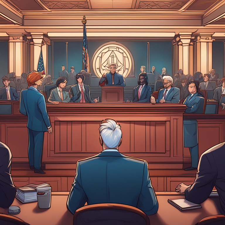 hand-drawn digital illustration, Artstation HQ, digital art, showcasing contrasting opinions within the crypto legal landscape, characters in a modern courtroom setting, one group supporting the judge’s decision, another criticizing, vibrant and lively, trending on Artstation