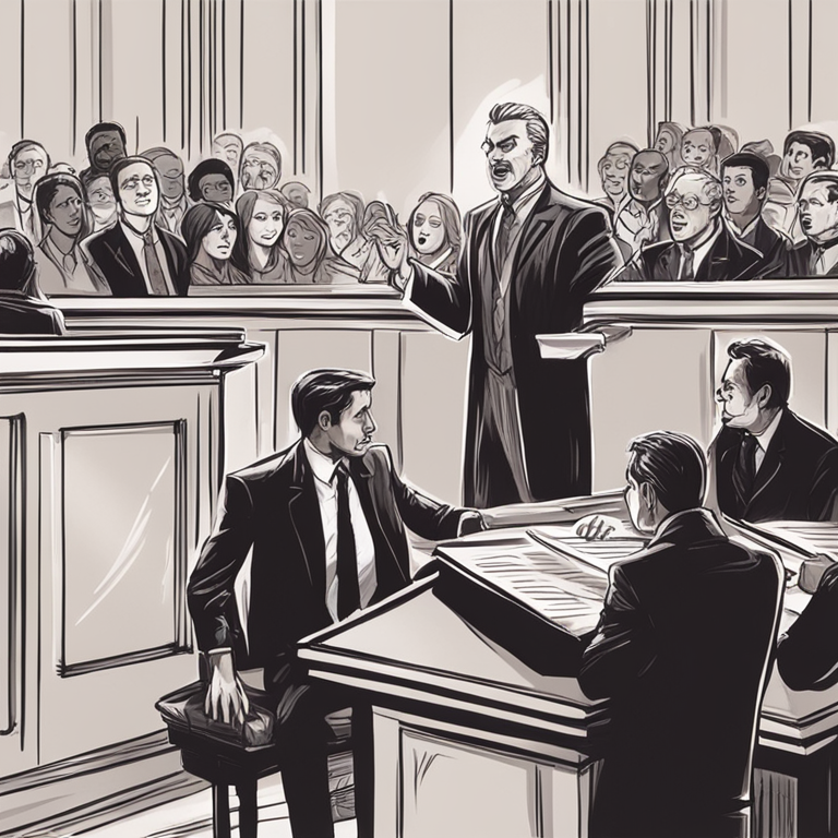 A hand-drawn digital illustration of a courtroom scene with a judge delivering a verdict, surrounded by shocked spectators, Artstation HQ, digital art, trending on Artstation