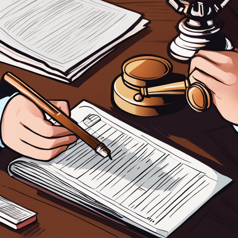 A hand-drawn digital illustration of a person preparing legal documents, with a gavel and legal books in the background, Artstation HQ, digital art, trending on Artstation