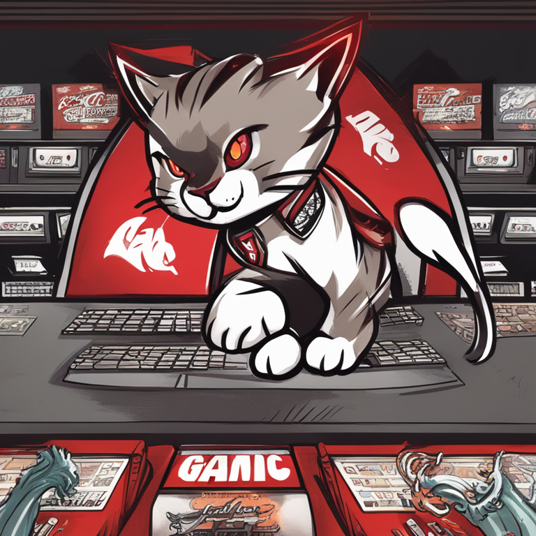 Hand-drawn digital illustration of Roaring Kitty with GameStop and AMC logos, Artstation HQ, digital art