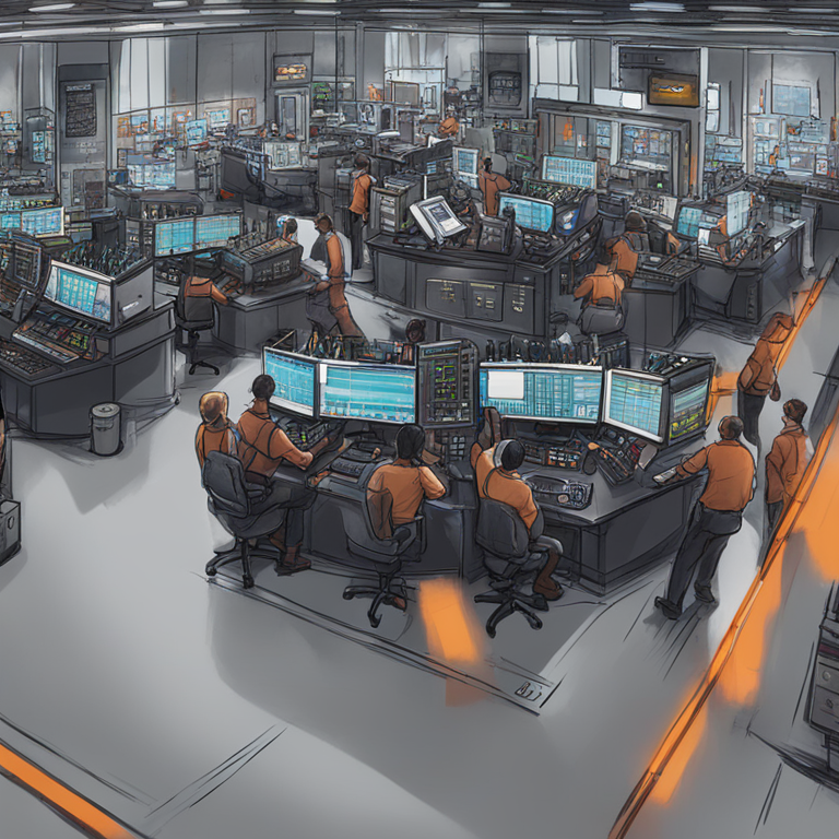 Hand-drawn digital illustration of the NASDAQ trading floor with circuit breakers, Artstation HQ, digital art