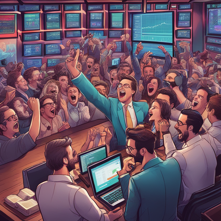 Hand-drawn digital illustration of a meme stock trading frenzy, featuring excited investors on social media platforms, Artstation HQ, digital art, highly detailed, vibrant colors