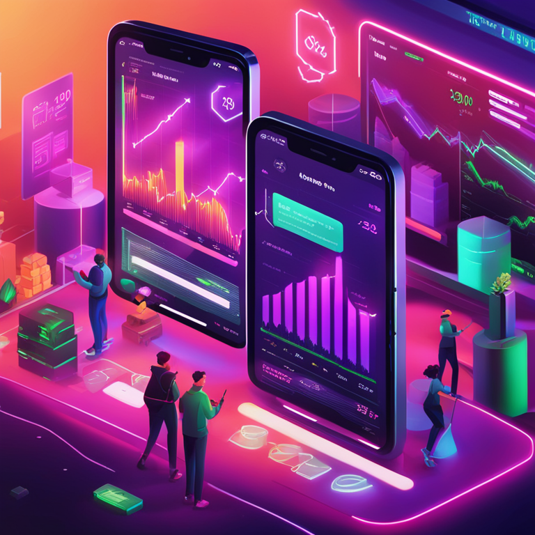 Stylized digital illustration showing a busy Robinhood trading screen with fluctuating stock prices, Artstation HQ, digital art, vibrant and detailed, users engaging on mobile and desktop platforms