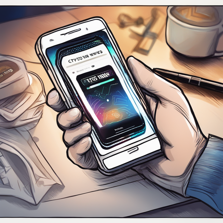 hand-drawn digital illustration of downloading crypto news app on a smartphone, Artstation HQ, digital art