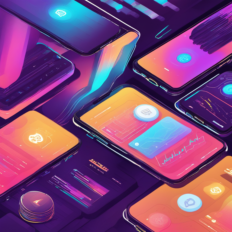 hand-drawn digital illustration, Artstation HQ, digital art, smartphone app display, cryptocurrency news, dynamic user interface, trend forecasting, vibrant digital art style, tech-savvy design, abstract futuristic elements