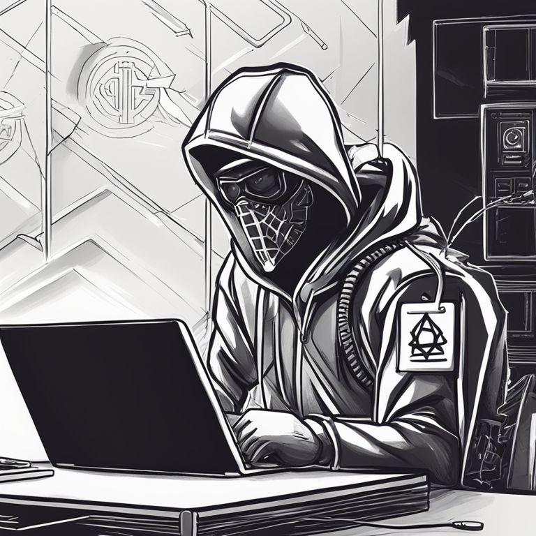 Cautionary illustration depicting a cyber attacker on a laptop, stealing cryptocurrency, hand-drawn digital illustration, Artstation HQ, digital art