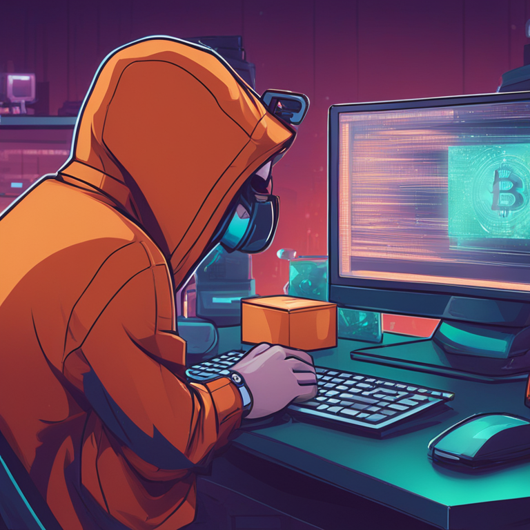 Close-up illustration showing a phisher stealing crypto assets through a computer screen, modern and detailed, Artstation HQ, digital art