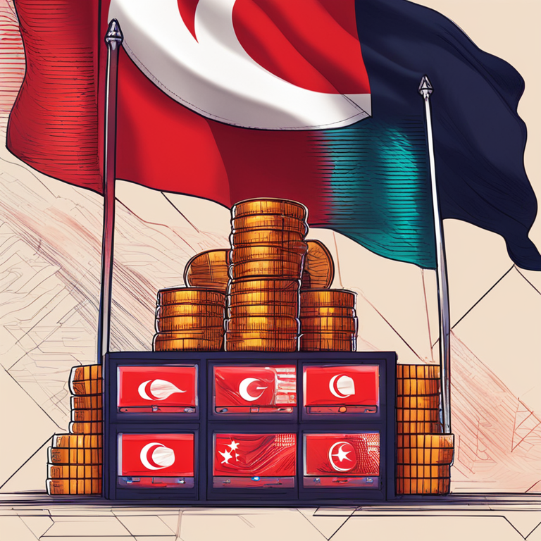 digital illustration of foreign cryptocurrency exchanges with a Turkish flag backdrop, hand-drawn digital illustration, Artstation HQ, digital art, elements of finance and technology blending together, vibrant colors