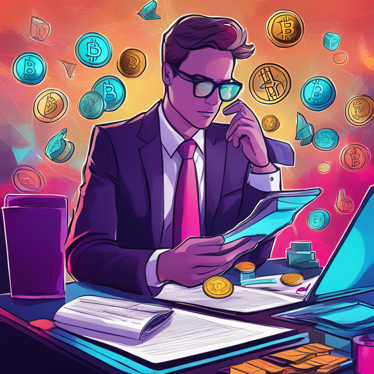 conceptual graphic depicting investor concerns over cryptocurrency with elements of confusion, digital tokens, and legal documents, hand-drawn digital illustration, Artstation HQ, digital art, mix of vibrant and subdued colors