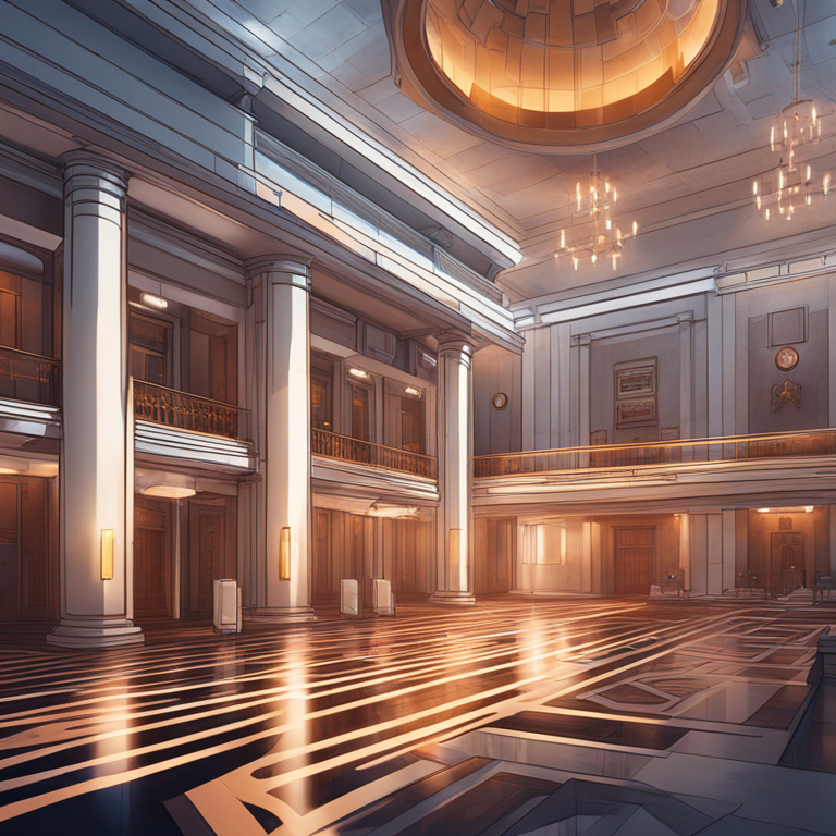 Digital illustration, Artstation HQ, modern and dynamic depiction of legislative halls with tech elements, representing new crypto regulations, high quality and trending