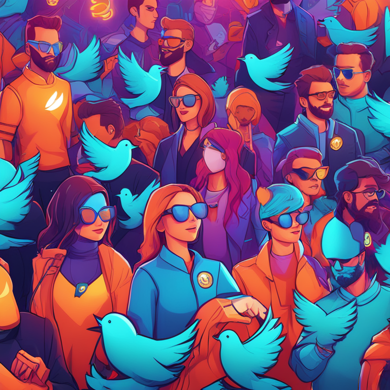 digital art of crypto influencers on Twitter, vibrant colors, cartoon style, symbolizing influence, Artstation HQ, digital illustration