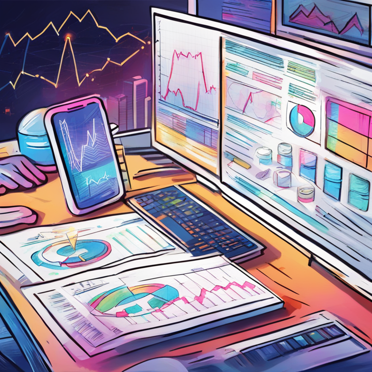 Hand-drawn digital illustration showcasing research data and crypto market graphs, trending on Artstation, high-quality digital art