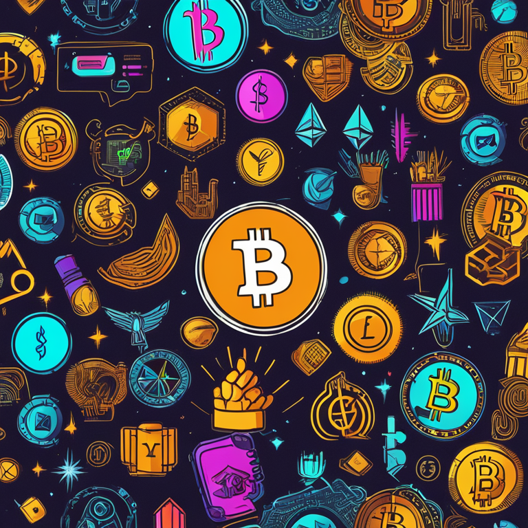 A colorful, hand-drawn digital illustration, depicting various cryptocurrency symbols like Bitcoin and Ethereum, along with social media icons, digital art, Artstation HQ, high-resolution, vibrant colors, stylish design