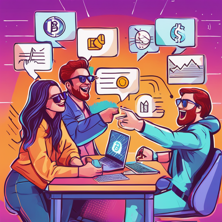 A playful, hand-drawn illustration of crypto influencers enthusiastically pointing at graphs and cryptocurrencies, Artstation HQ, digital art, modern, vibrant visuals, whimsical characters