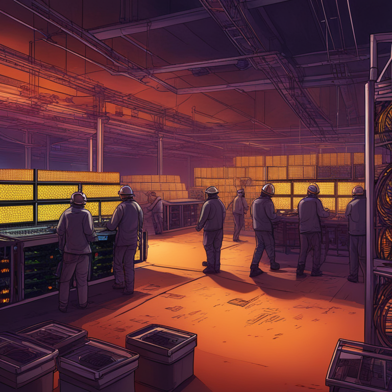 hand-drawn digital illustration, Artstation HQ, digital art, Bitcoin mining farm with miners at work, old and new mining rigs, realistic, dynamic, colorful, professional, high-tech setup, detailed, spotlight on inefficient miners leaving, abstract background