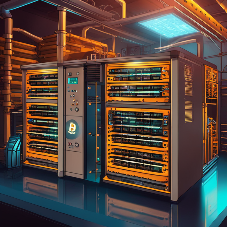 A modern digital illustration of Bitcoin mining process, showing a futuristic mining farm, with sleek, high-tech mining equipment, vibrant colors and detailed miner avatars, Artstation HQ, digital art