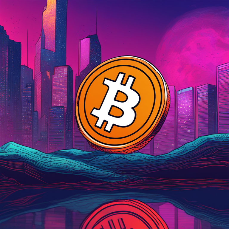 A captivating digital illustration of declining stock prices and a Bitcoin coin, representing market trends, hand-drawn digital art, Artstation HQ, vivid colors with a futuristic twist