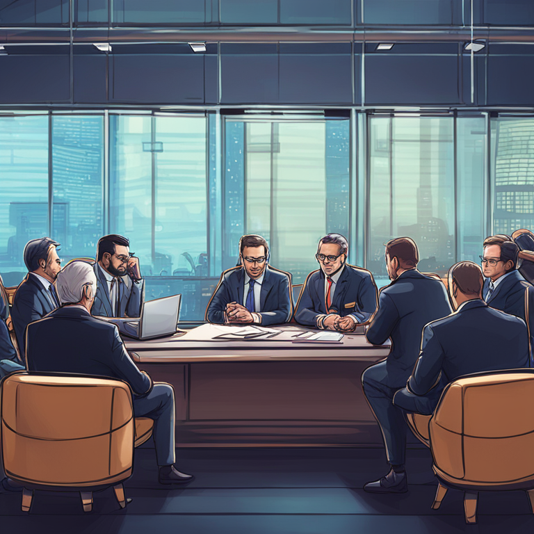 Illustration of government officials discussing cryptocurrency regulations, hand-drawn digital illustration, Artstation HQ, digital art