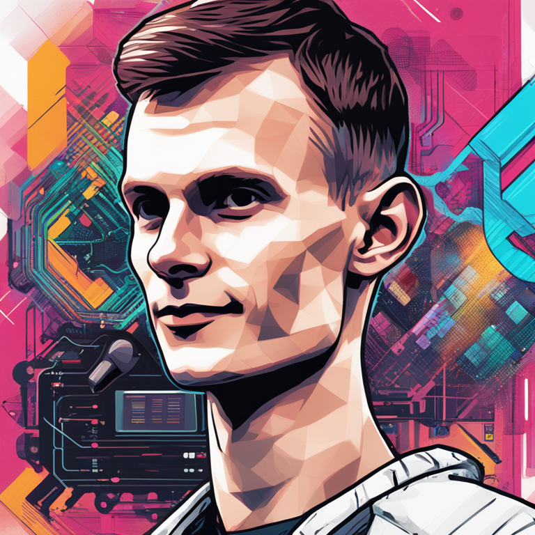 hand-drawn digital illustration depicting Vitalik Buterin showcasing GPT-4's Turing Test success, Artstation HQ, digital art, modern, abstract, high-res, vibrant colors, technological triumph, trendy magazine publication style