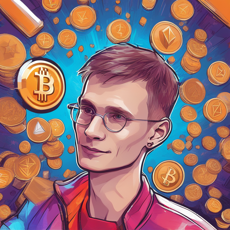 hand-drawn digital illustration of Vitalik Buterin and AI tokens, Artstation HQ, digital art, vibrant colors, high-resolution, modern, abstract representation of cryptocurrency market surge, trending on Artstation