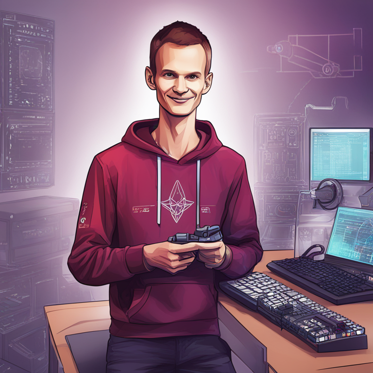 Digital illustration of Vitalik Buterin and GPT-4 design elements, celebrating technological achievement, hand-drawn digital illustration, Artstation HQ, digital art