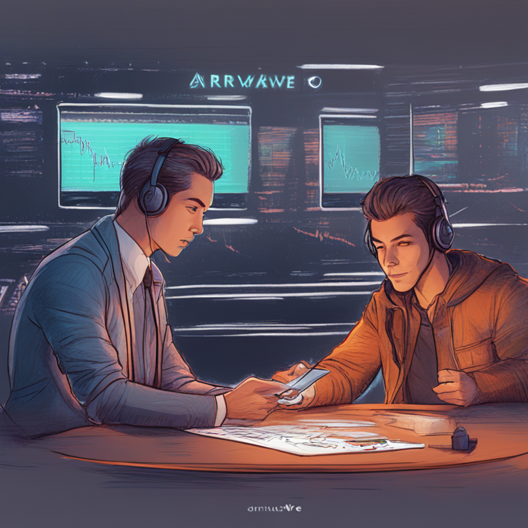 Investors speculating probable price action for Arweave token, hand-drawn digital illustration, Artstation HQ, digital art