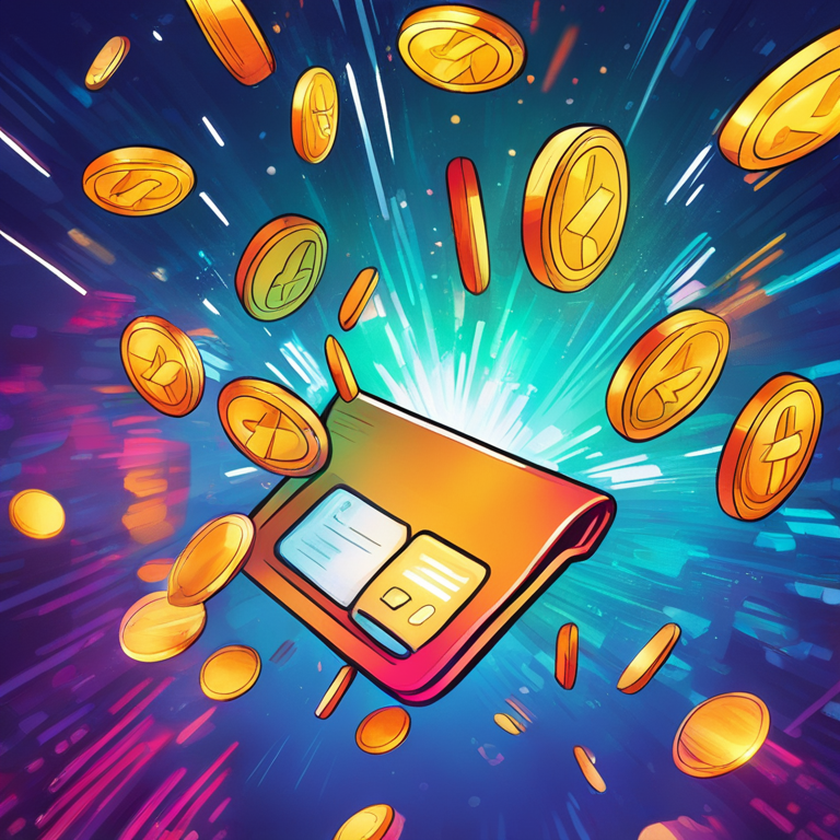 hand-drawn digital illustration, Artstation HQ, digital art, tokens raining down into a digital wallet, vibrant and dynamic colors, abstract, futuristic look, high-resolution, trend-setting design for crypto articles