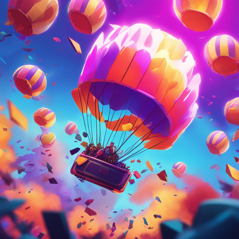 Abstract, colorful digital illustration of a token airdrop scene, featuring tokens flying towards excited users, inspired by Artstation HQ, modern, vibrant colors, high resolution, detailed, digital art.