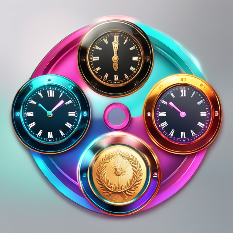 Artistic digital illustration of tokens with clocks showing different times, representing the release timing and bonus unlock period of DRIFT tokens, colorful, detailed, trending on Artstation, modern digital art