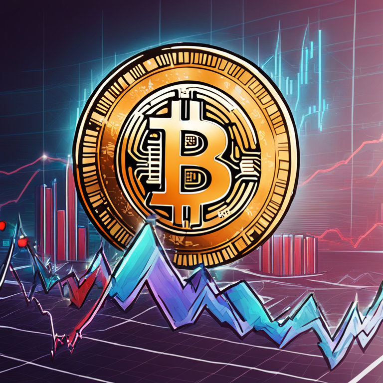 A hand-drawn digital illustration of a Bitcoin coin rising above a fluctuating market graph, Artstation HQ, digital art