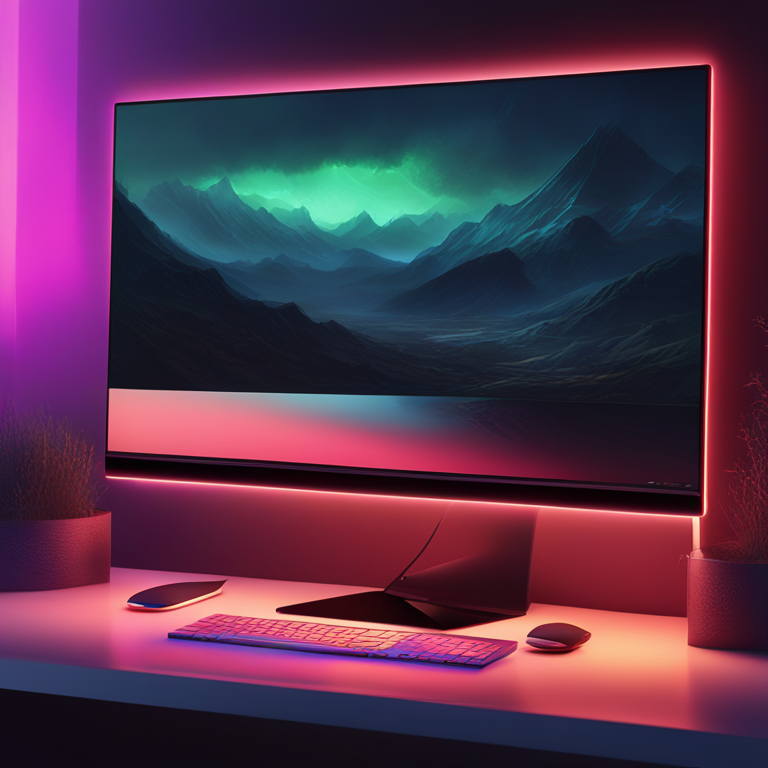 a sleek, ultra-thin, high-resolution bezel-less monitor mockup, realistic, modern, detailed, vibrant colors, glossy finish, floating design, lowlight, art by Peter Mohrbacher and Donato Giancola, digital illustration, trending on Artstation, high-tech, smooth, minimalist workstation background, crisp reflection on screen, soft lighting