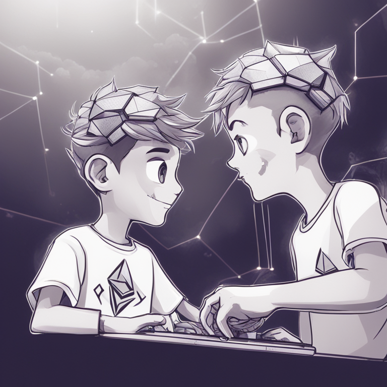 Hand-drawn digital illustration of two brothers looking mischievous as they manipulate blockchain data, with Ethereum logos and digital art elements, Artstation HQ, digital art