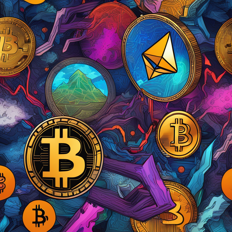 a vibrant and dynamic hand-drawn digital illustration, showcasing various cryptocurrencies, with Bitcoin and Ethereum symbols leading the charge, in an abstract style, Artstation HQ, digital art