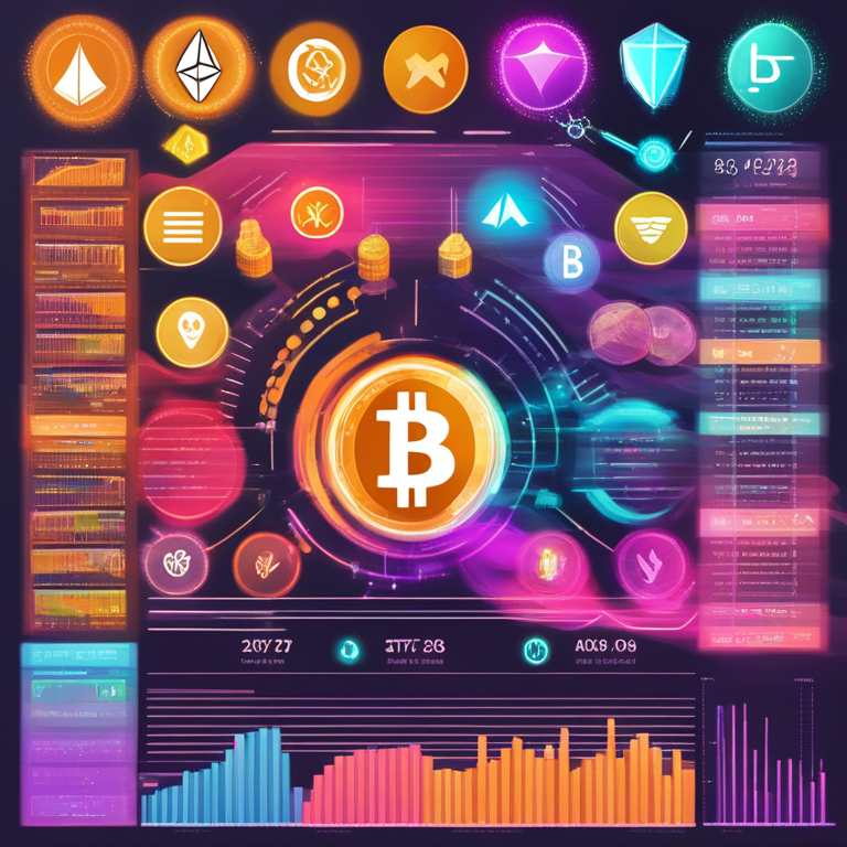 Hand-drawn digital illustration, Artstation HQ, digital art, weekly crypto price analysis with various cryptocurrency icons including BTC, ETH, BNB, SOL, XRP, ADA, and DOGE symbolizing diverse market trends, vibrant colors, abstract style